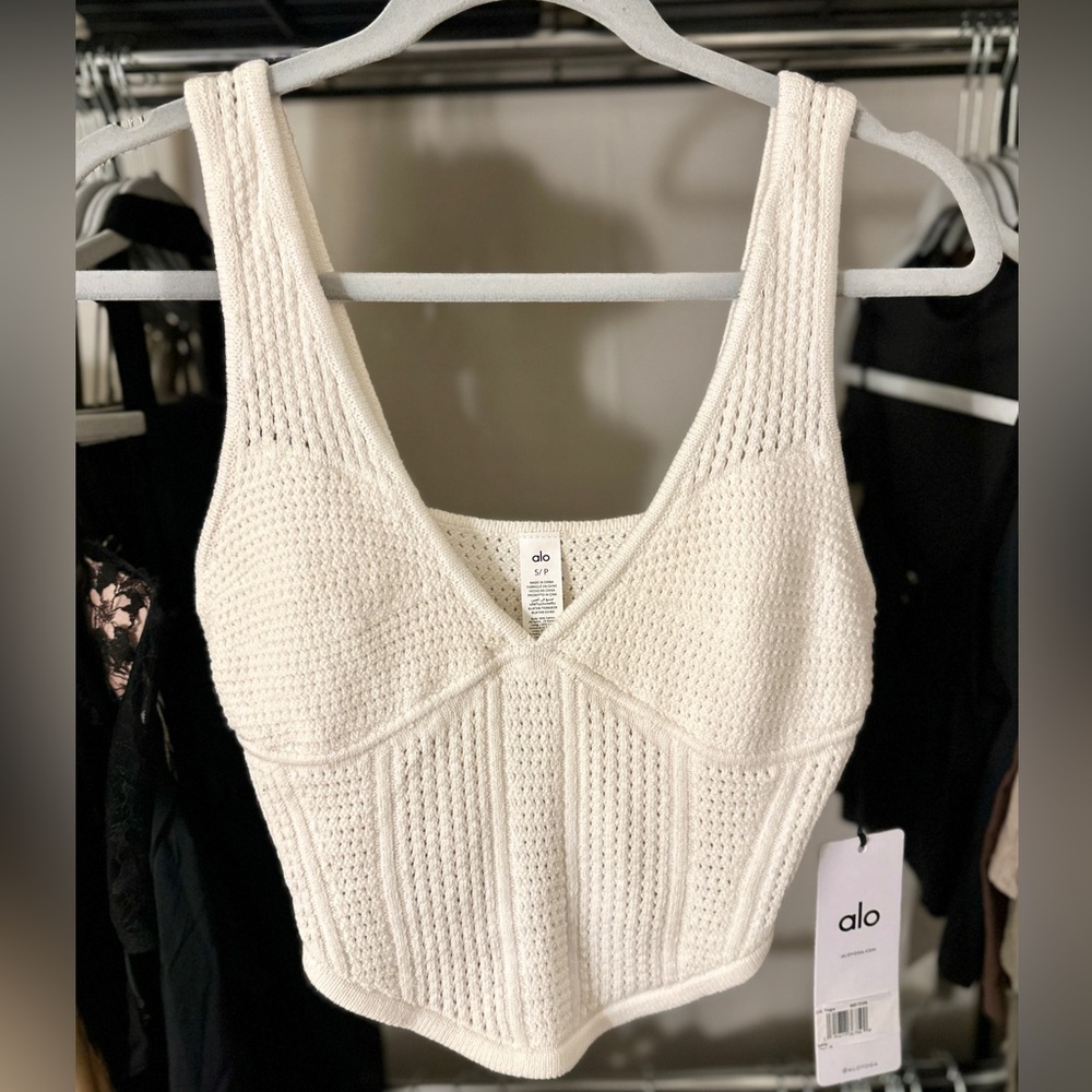 Alo Open-Knit Chase The Sun Corset Tank -Ivory